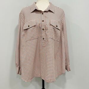 Lands' End Womens 2X Geometric 1/2 Button Long Sleeve Popover Shirt Casual